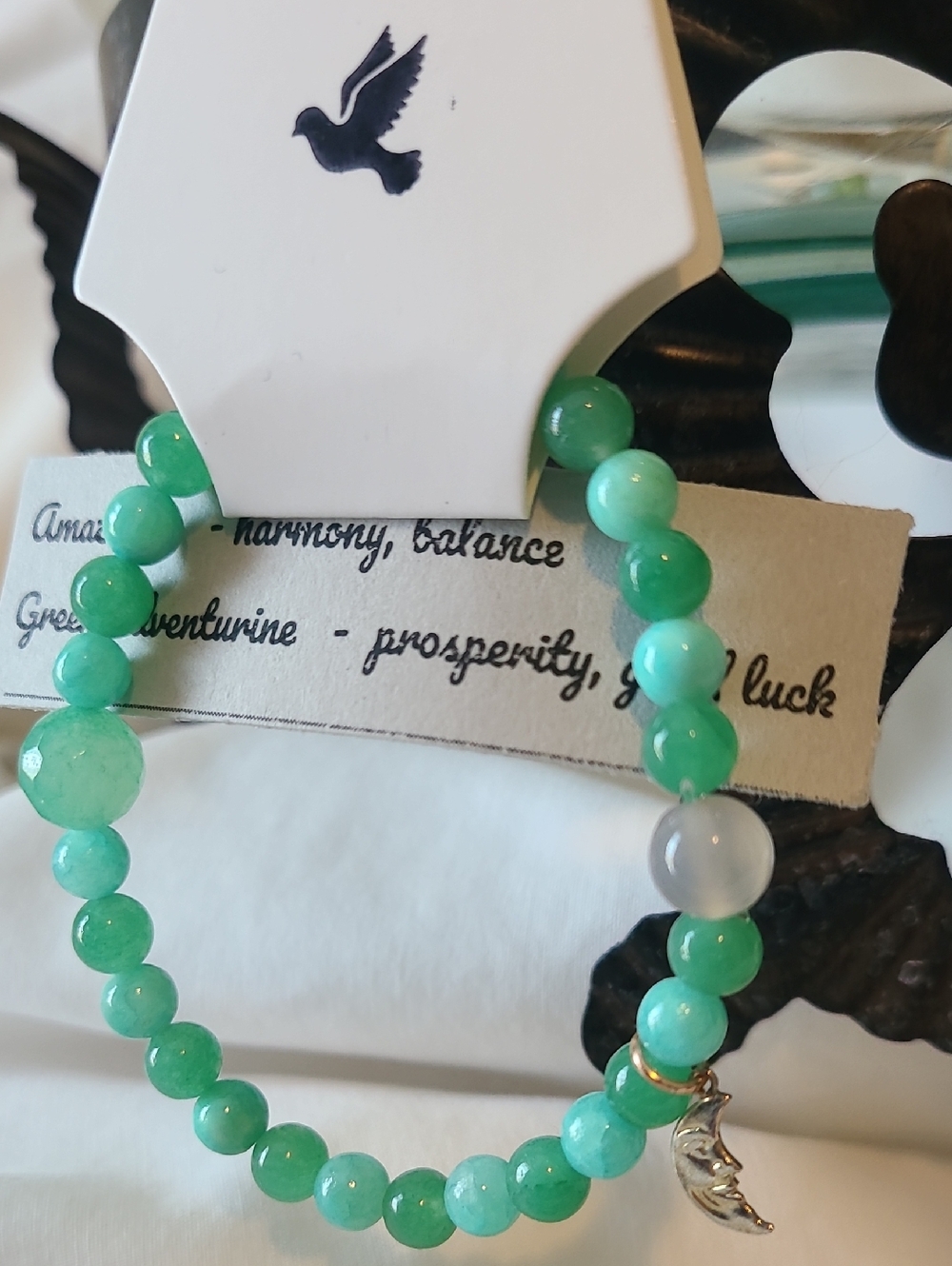 Grey Dove Creations Green Aventurine Beaded Stretch Bracelet with Moon Charm